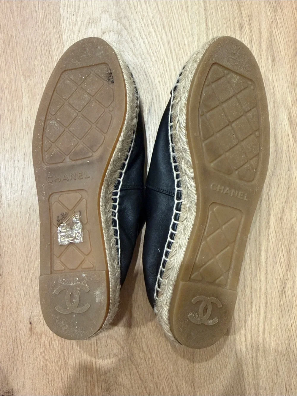 CHANEL Black Leather CC Embossed Espadrille Flats